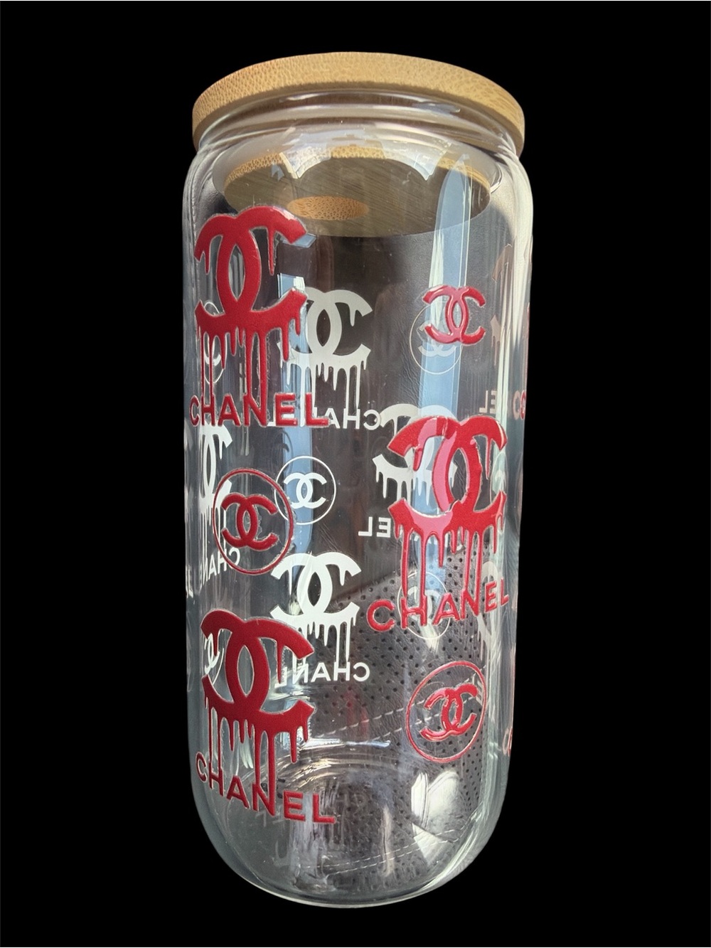 Red Chanel Logos Clear Glass Sipper with Wood Lid